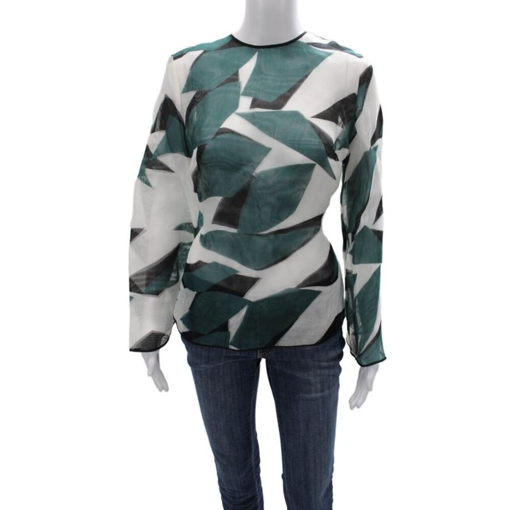 Theo Women Silk Geometric Basic Blouse Multicolor Pullover 3/4 Sleeve Size M